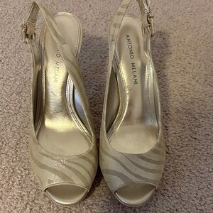 ANTONIO MELANI Gold Zebra-Print Slingback Peep-Toe Heels